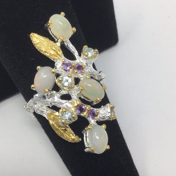 Enchanting Genuine Opals Amethysts & Topaz Ring